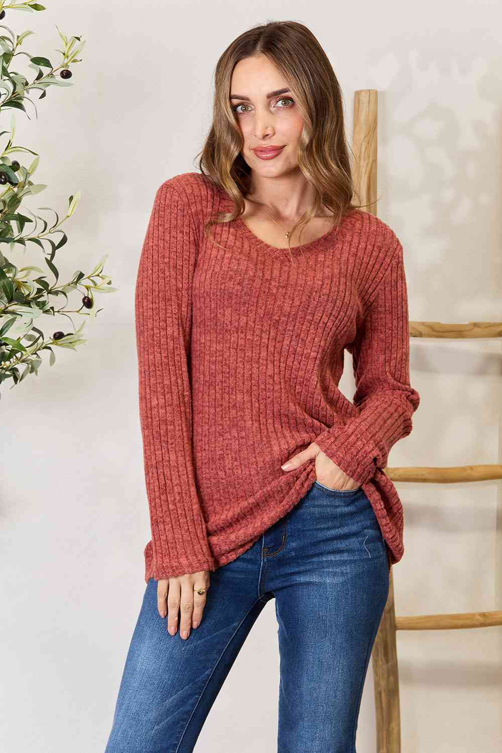 Double Take Ribbed V-Neck Long Sleeve T-Shirt