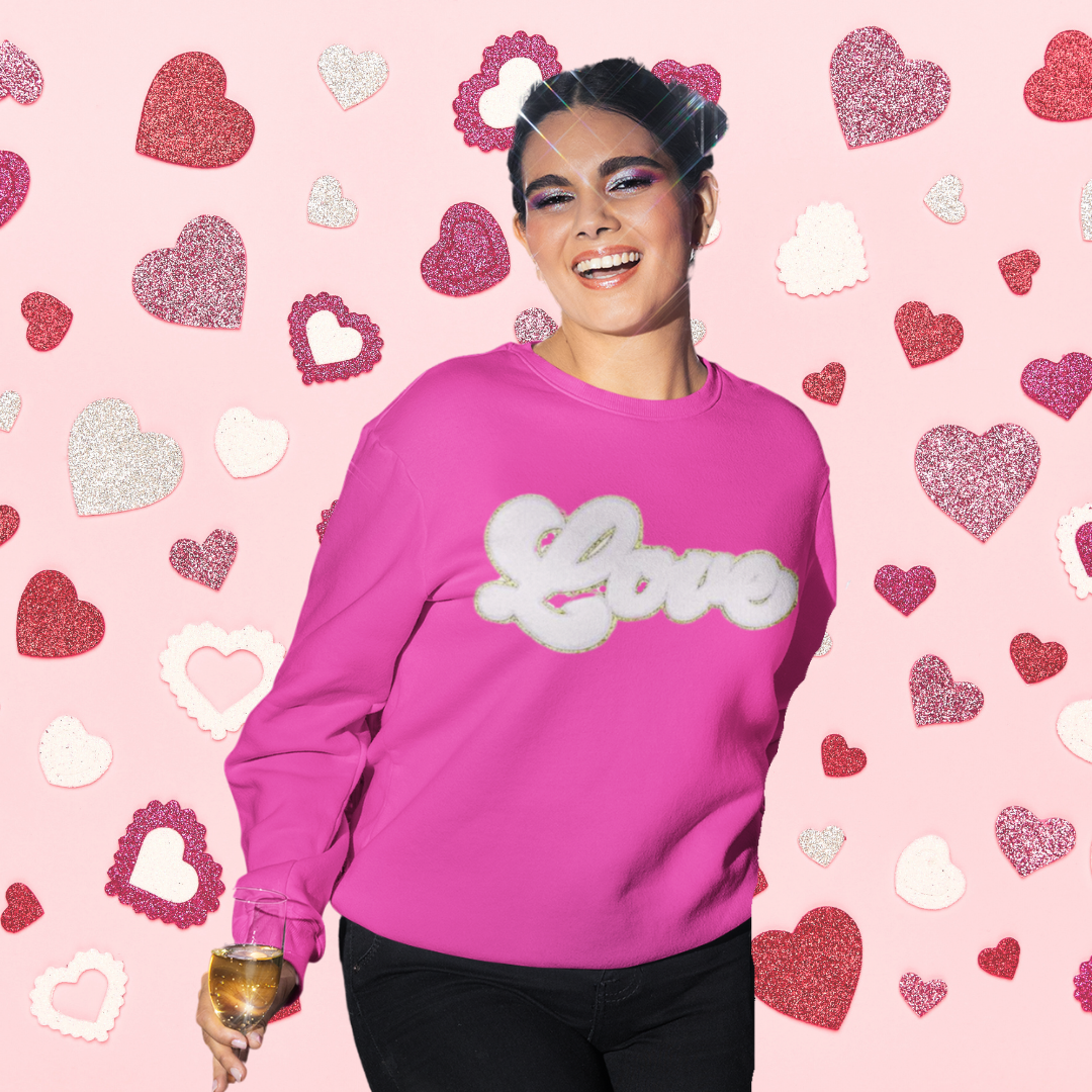 LOVE Cursive Valentines Chenille Patch Sweatshirt