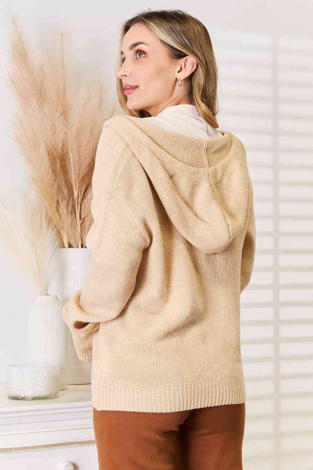 Woven Right Button-Down Long Sleeve Hooded Sweater