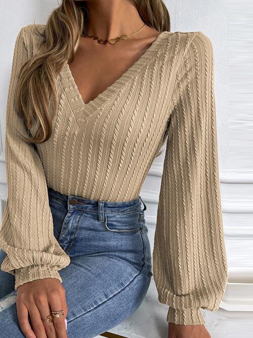 Cable-Knit V-Neck Long Sleeve Knit Top