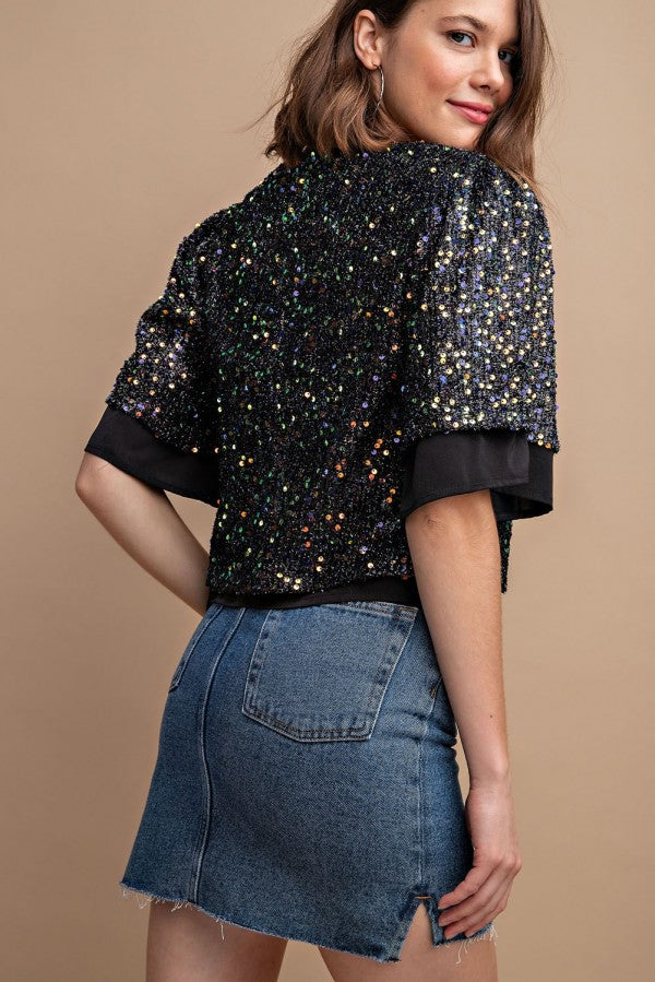Sequined Short Sleeve Top With Back Zipper